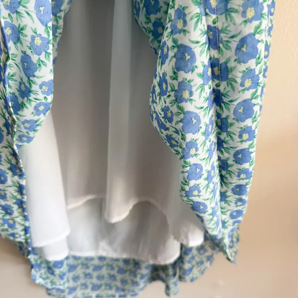 Lush Blue + White Floral Print V Neck Ruffle Tiered Open Back Maxi Dress XL